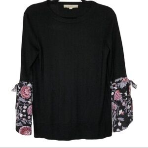 Loft Black Sweater Sheer Floral Sleeves Black, Lavender, Gray, White- Size Small